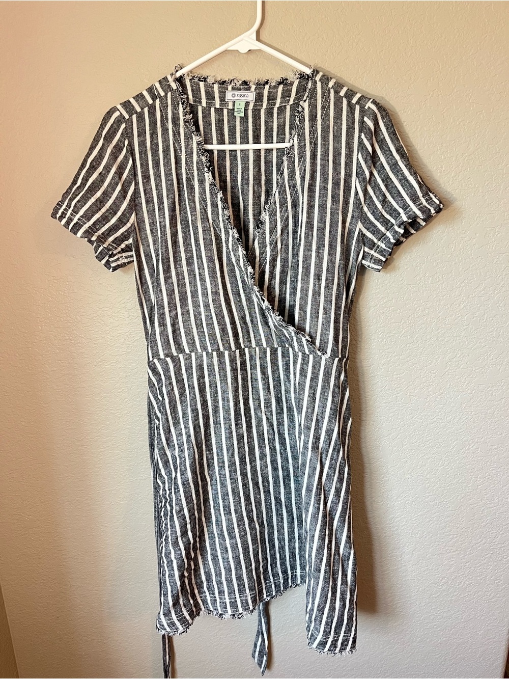 Susina Linen Blend Striped Faux Wrap Dress S Frayed Coastal Boho Vacation Beach